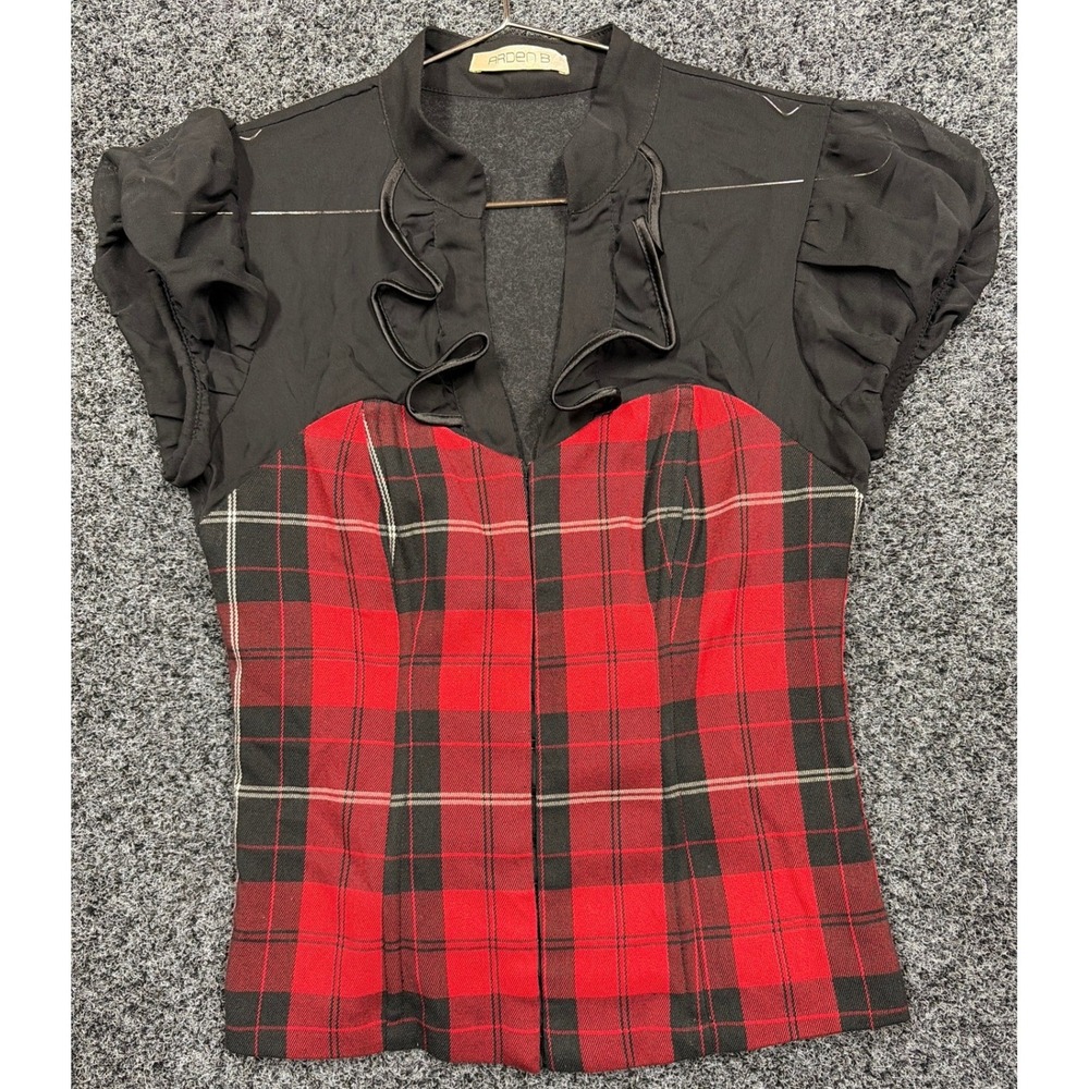 Arden B Top Womens XS Red Plaid Corset Puff Sleeve Ruffle Y2K Mall Goth Blouse